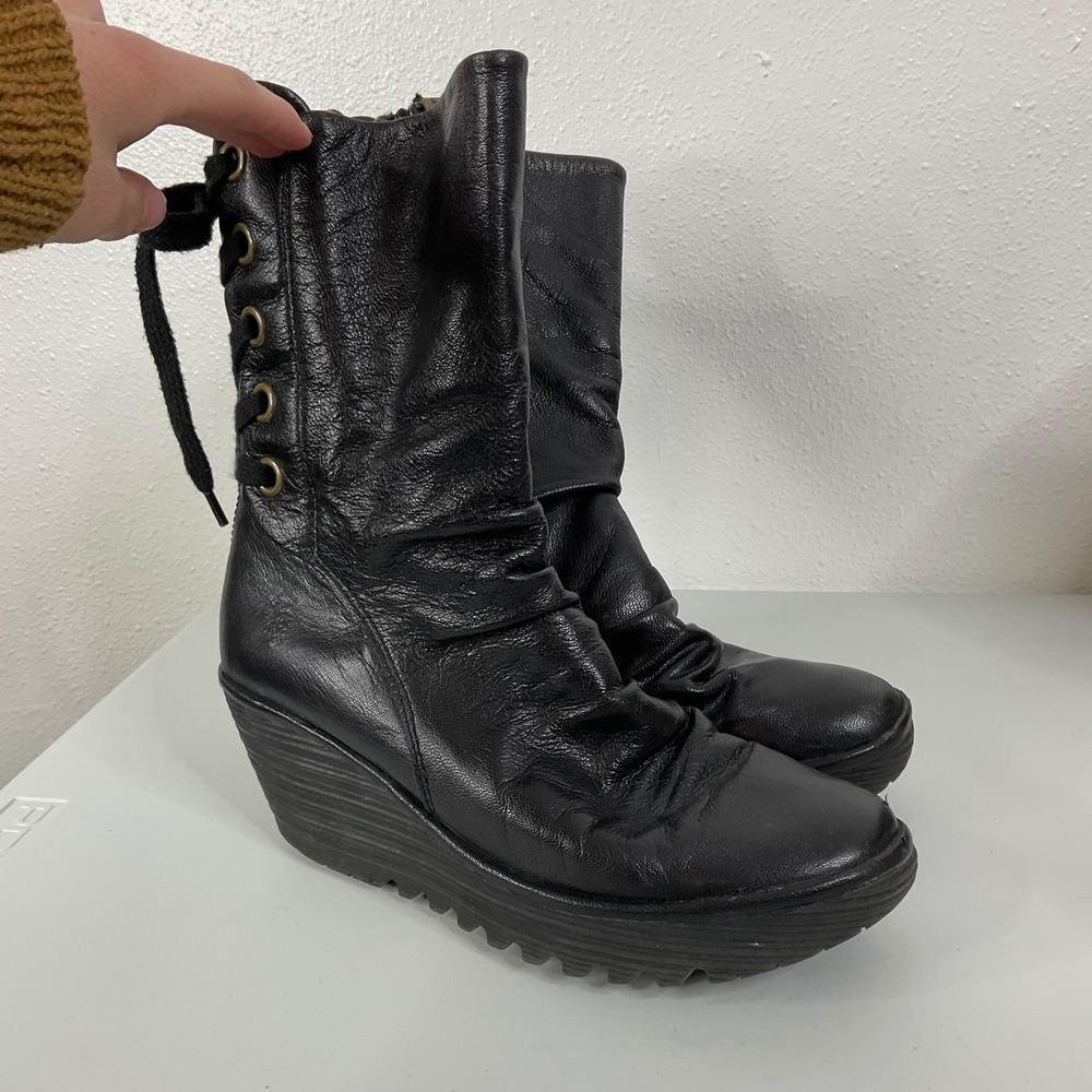 Fly London Yada‎ Black Leather Lace Up Back Boots Size 41